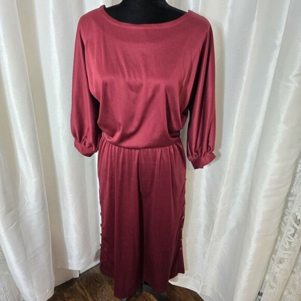 True Vintage Union Made Long Sleeve Dress 11/12 Womens Button Sides Maroon Red